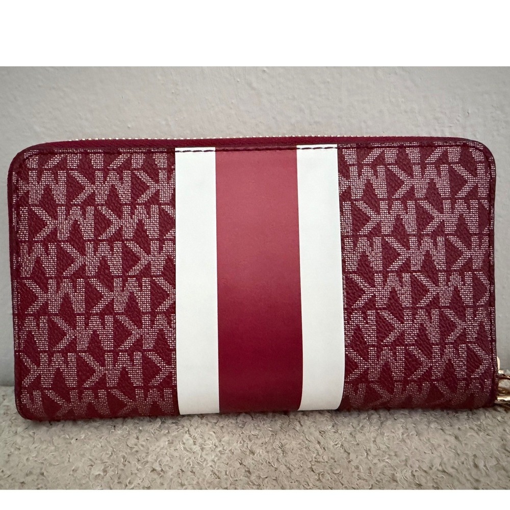 Michael Kors Burgundy Monogram Stripe Satchel Crossbody Bag and Wallet Wristlet - Picture 16 of 16
